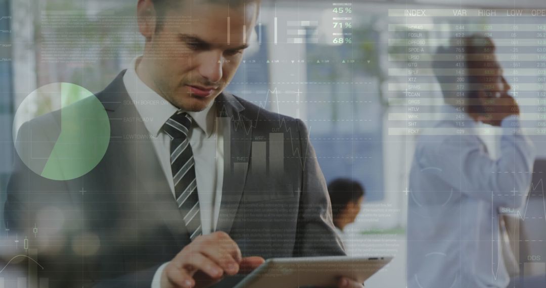 Business Professional Analyzing Financial Data on Tablet in Modern Office