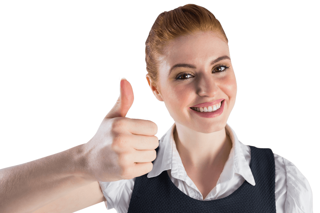 Redhead Businesswoman Smiling with Thumbs Up on Transparent Background