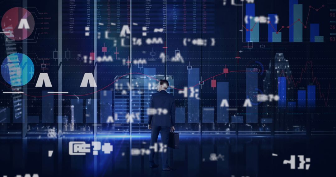 Businessman Analyzing Digital Data on Transparent Screen