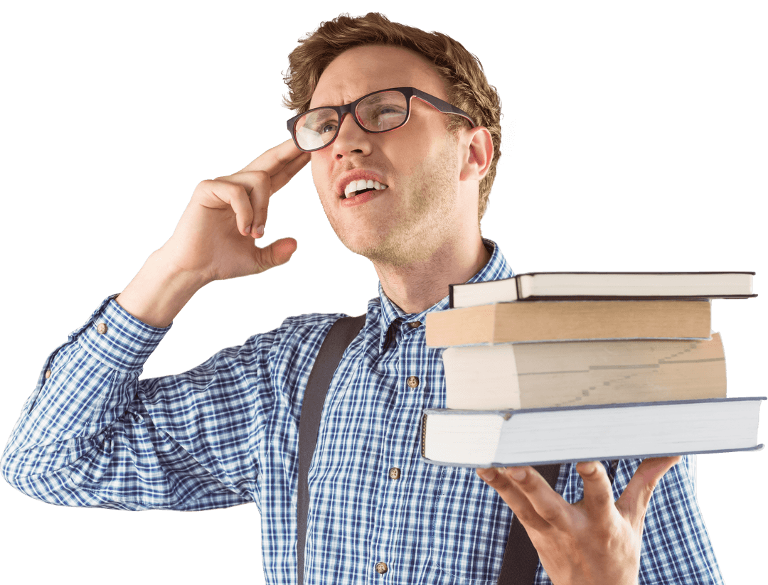 Transparent Background of Geeky Student Holding Books