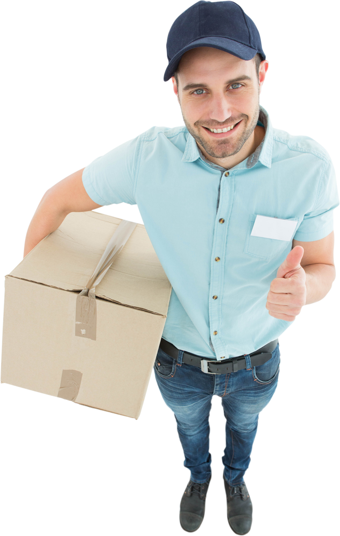 Transparent Smiling Delivery Man Holding Cardboard Box Giving Thumbs Up - Download Free Stock Images Pikwizard.com