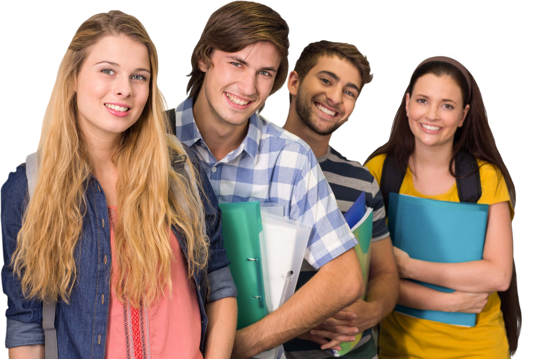 Transparent portrait of happy students holding folders in college corridor - Download Free Stock Images Pikwizard.com