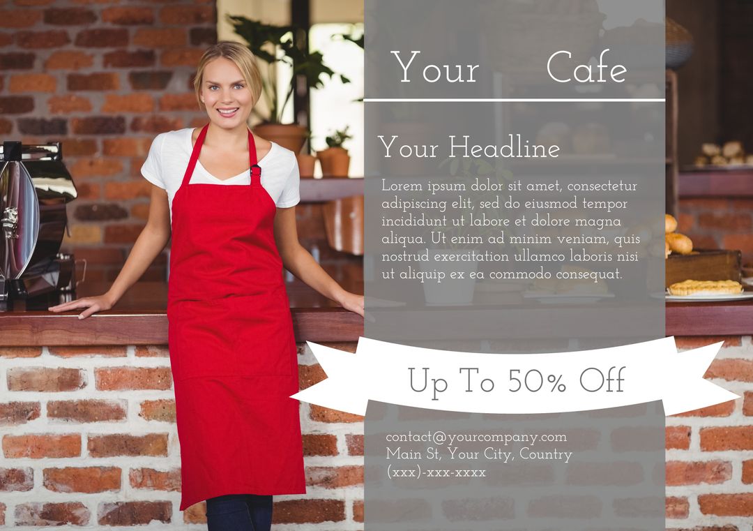 Friendly Barista in Red Apron with Promotional Cafe Sign - Download Free Stock Templates Pikwizard.com