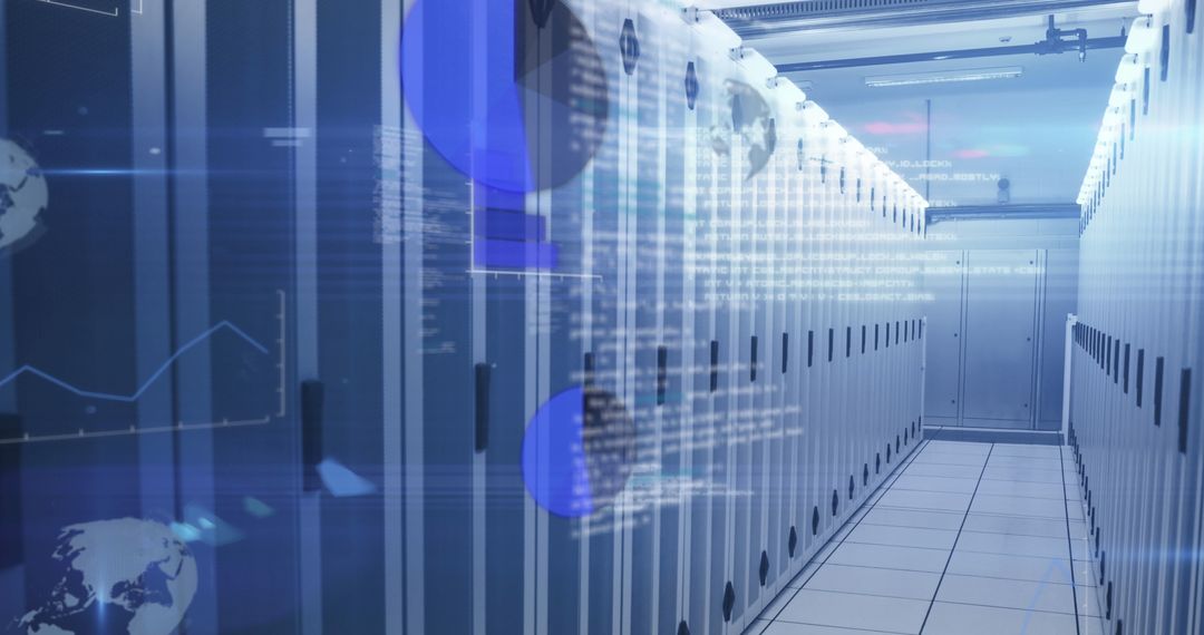 High-Tech Data Center with Abstract Digital Interface Overlay