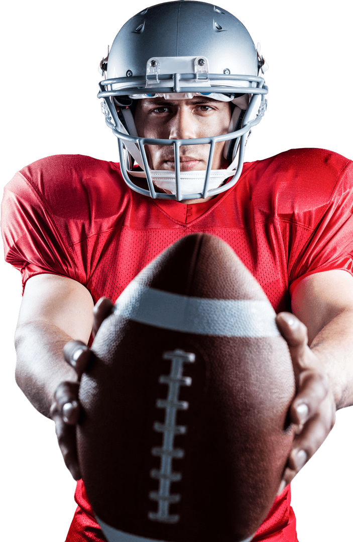 Transparent View Confident Football Player Holding Ball in Action