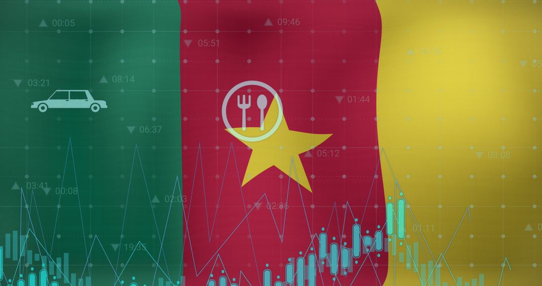 Global Business and Financial Data Overlaying Cameroon Flag