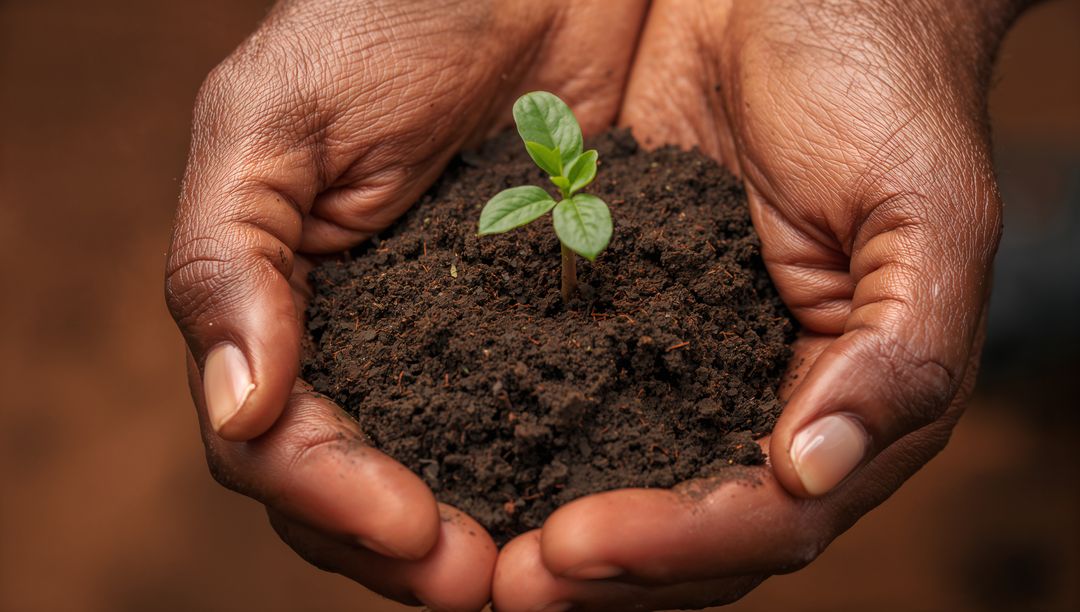 Hands Gently Holding Seedling in Soil for Environmental Growth