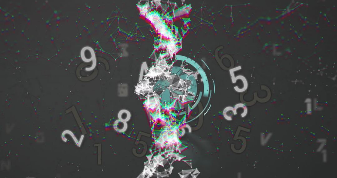 Futuristic DNA Strand with Overlaid Digital Numbers and Technology Symbols