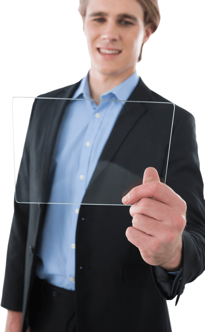 Businessman Engaging with Transparent Digital Panel Interface