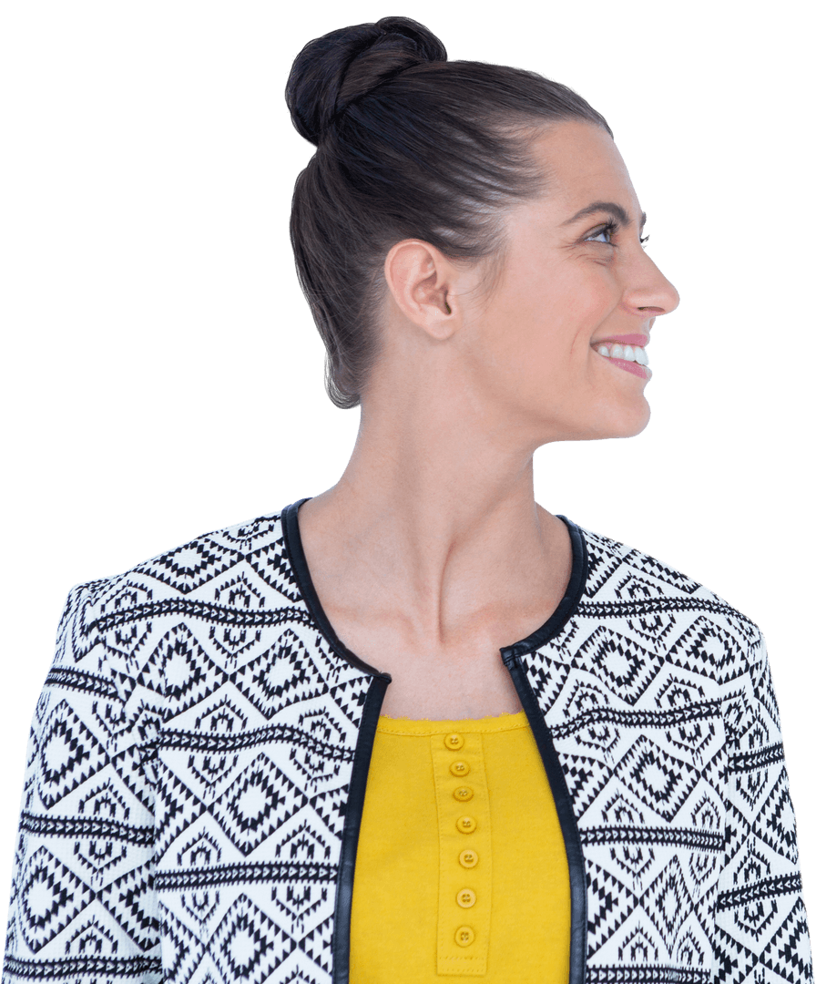 Smiling Woman with Patterned Jacket on Transparent Background