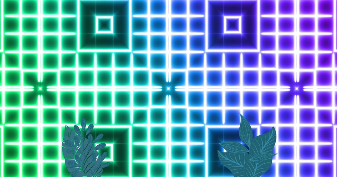 Neon Squared Pattern with Elegantly Illustrated Leaves