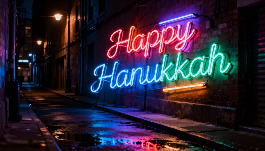 Neon Happy Hanukkah Sign Casting Colorful Reflections in Wet Urban Alley at Night