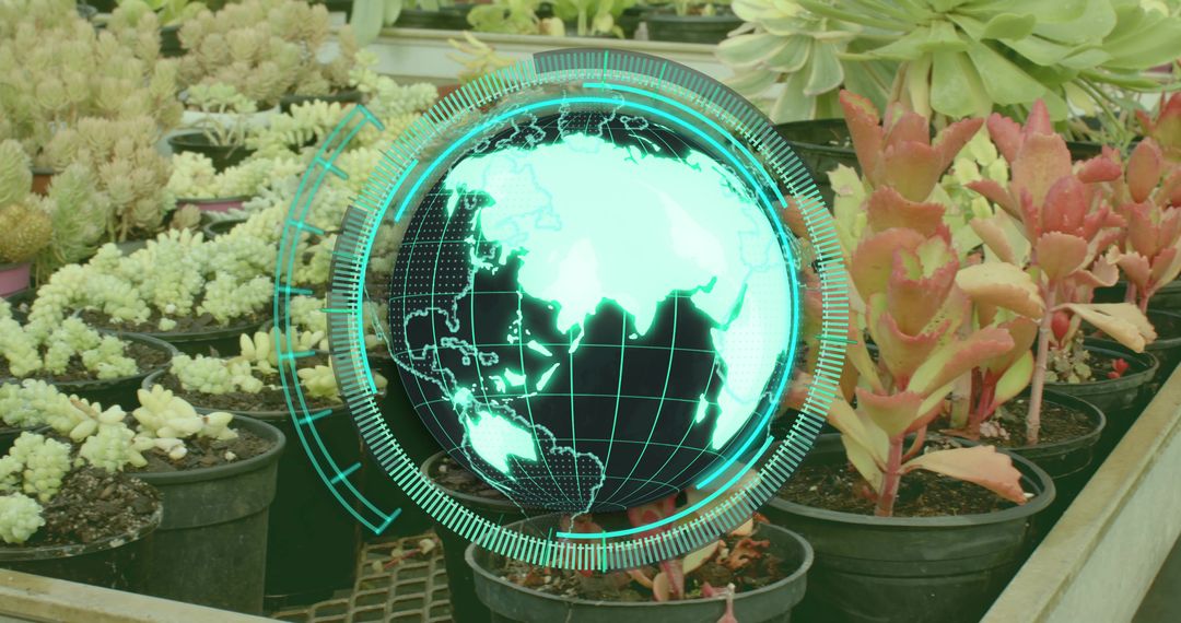 Futuristic digital globe hovering above succulent pots linking horticulture and sustainable tech