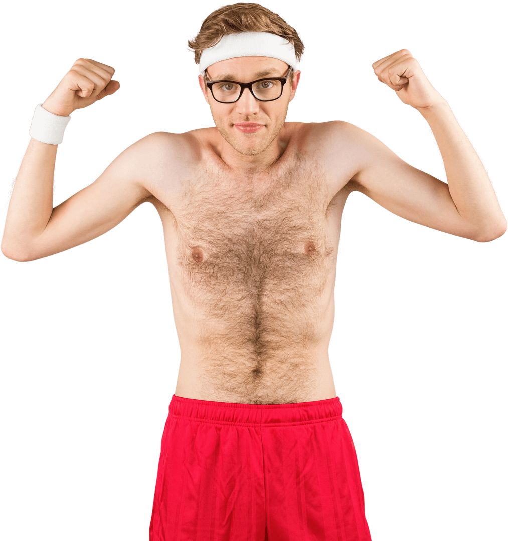Caucasian Man Tensing Muscles on Transparent Background, Humorous Pose