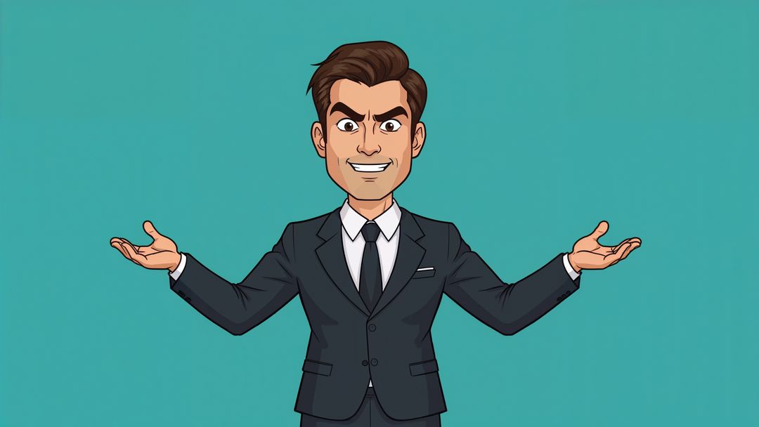 Prosecutor cartoon man in dark suit exuding confidence