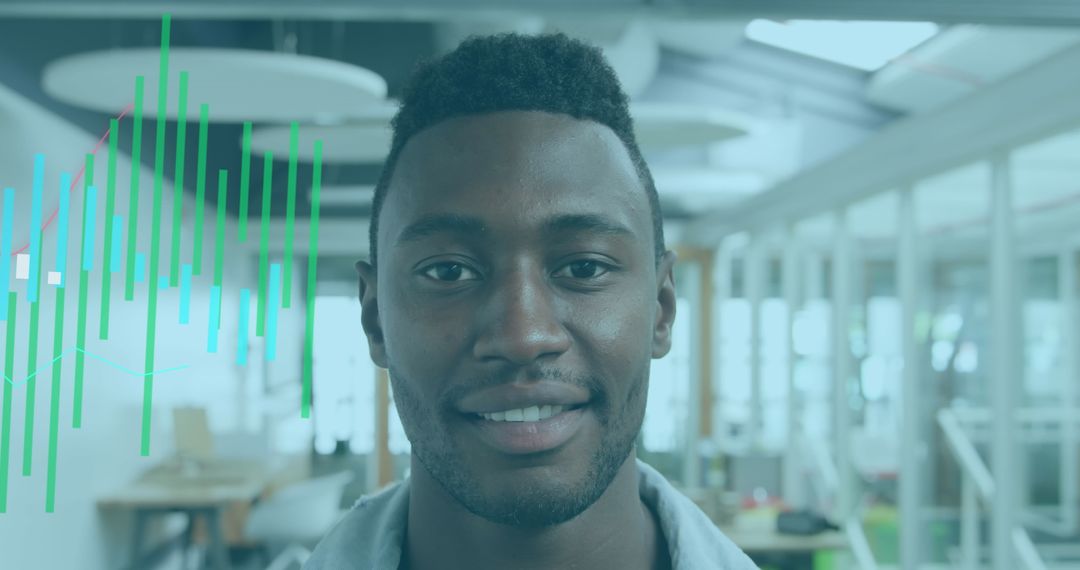 Confident Business Professional Smiling in Office with Graph Overlay