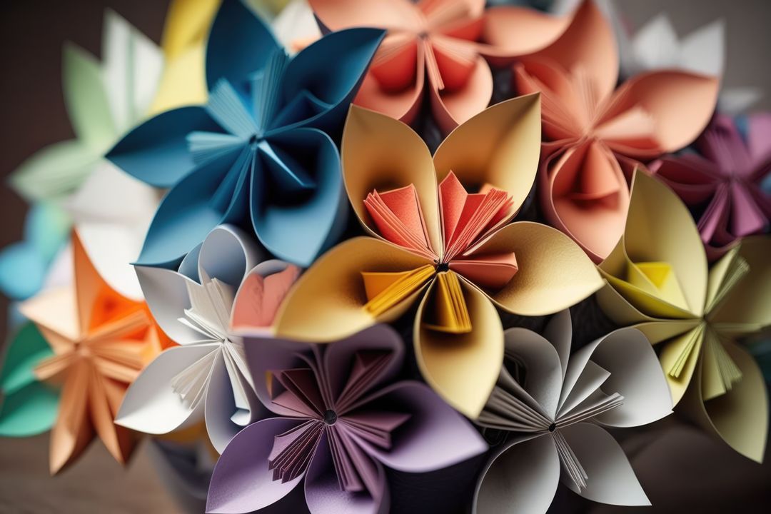 Image of colourful origami paper flowers on green background, created using generative ai technology - Free Images, Stock Photos and Pictures on Pikwizard.com