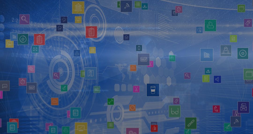 Digital Interface Icons and Data Visualization Background