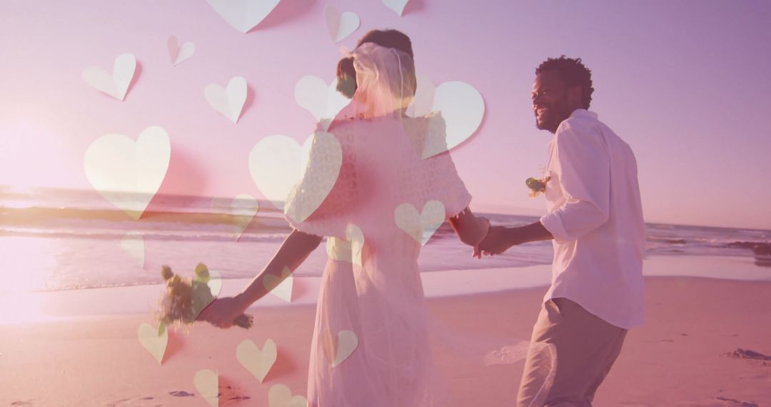 Newlywed Couple Running on Beach with Heart Overlay
