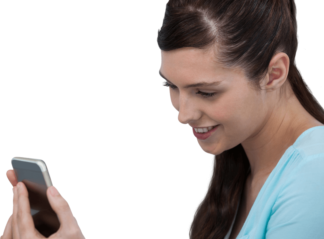 Transparent Woman Texting on Smartphone Smiling, Confident Expression