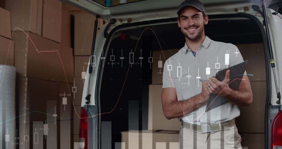 Smiling Delivery Man with Data Overlay in Transport Van