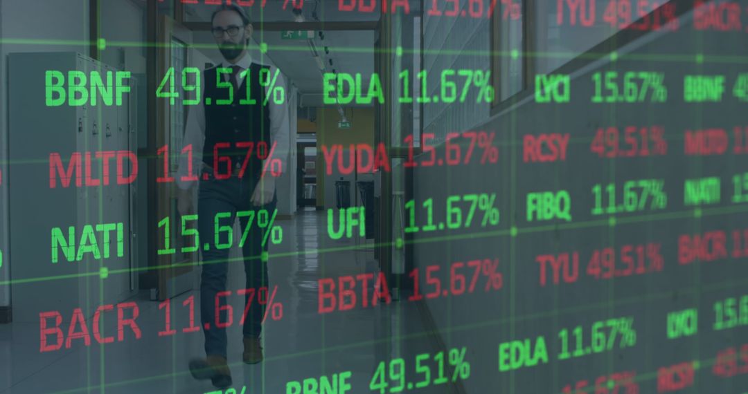 Businessman Analyzing Stock Market Projections in Office Corridor
