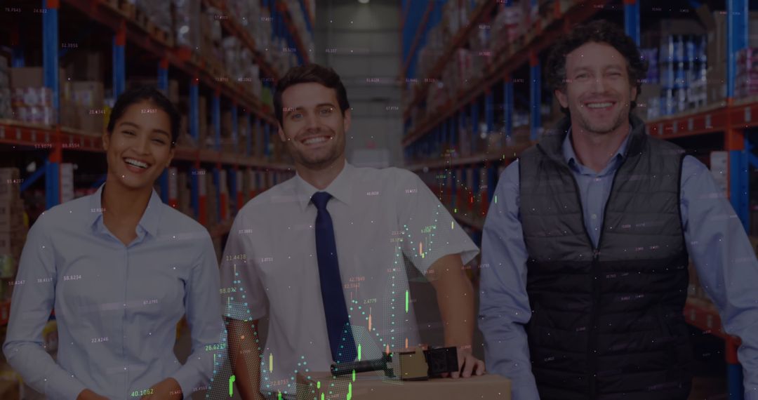 Smiling Warehouse Team with Digital Financial Overlay