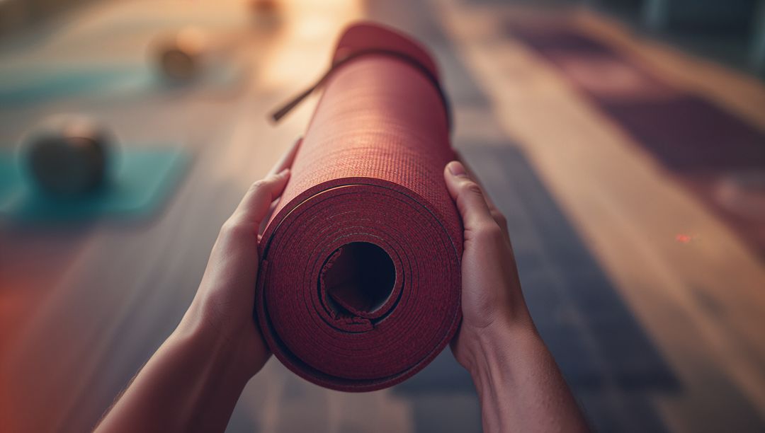 Yoga Enthusiast Holding Rolled Red Mat in Studio for Wellness Session