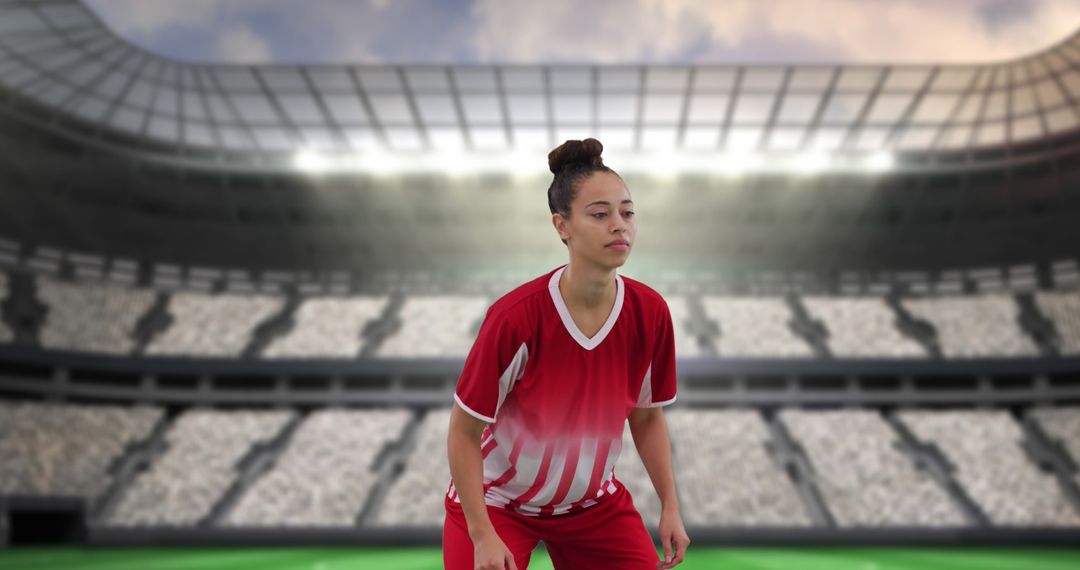 Determined Female Soccer Player Standing on Stadium Field