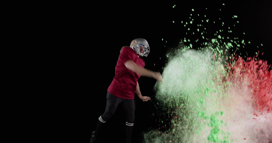 American Football Player in Action with Colorful Powder Explosion