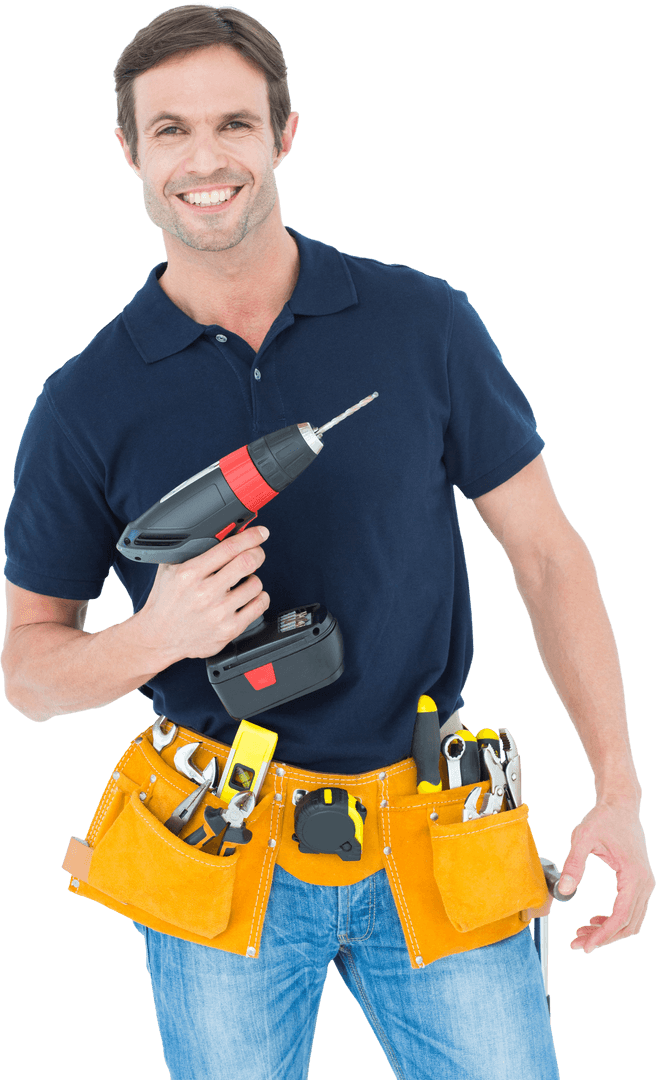 Smiling Carpenter with Transparent Background Holding Drill and Tools