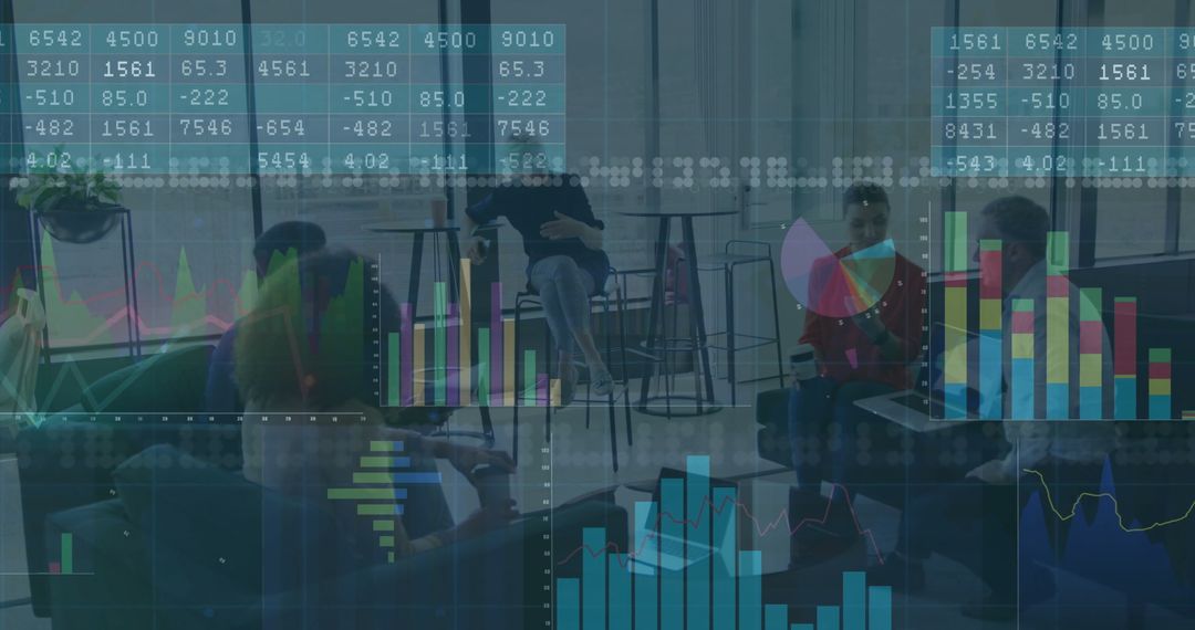 Business Team Analyzing Data Trends with Digital Overlays in Modern Office