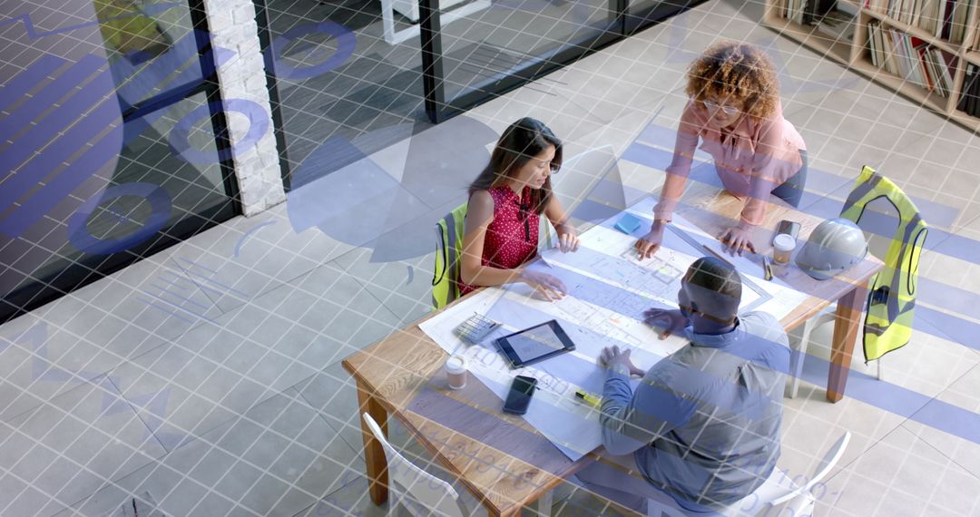 Architects Analyzing Blueprints in Modern Office with Digital Interface Overlay