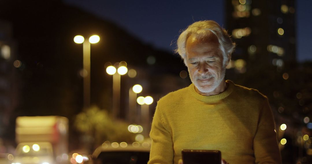 Senior Man Using Smartphone at Night in Urban Street - Free Images, Stock Photos and Pictures on Pikwizard.com