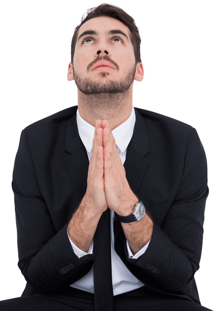 Caucasian Businessman Praying on Transparent Background