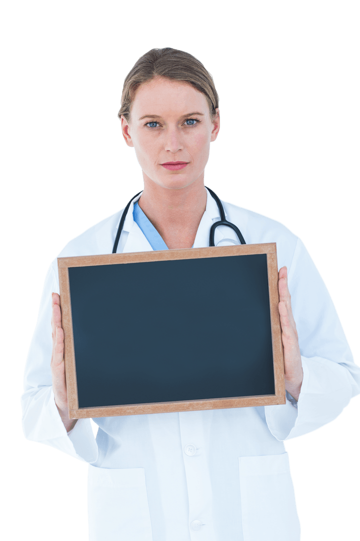 Caucasian Female Doctor Holding Blank Chalkboard for Healthcare Message