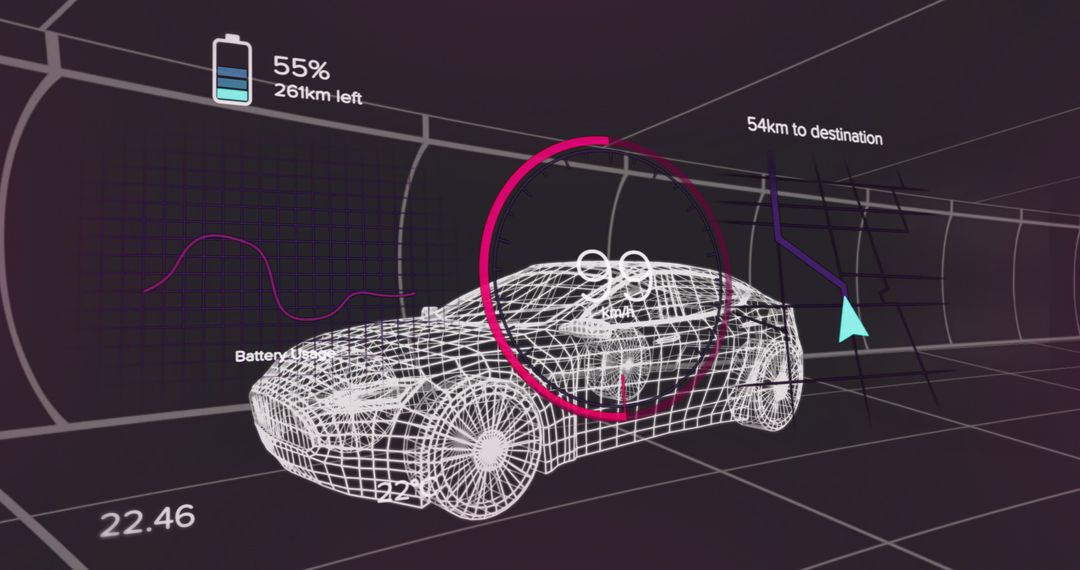 Futuristic Wireframe Car Navigation with Digital Interface Elements