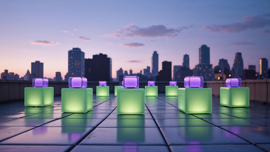 Futuristic Cube Lights Illuminating Urban Rooftop at Dusk
