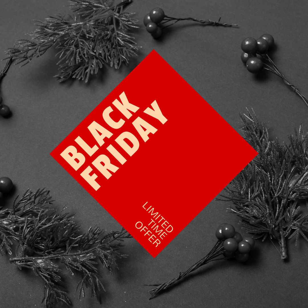 Composition of black friday text on red sign over christmas berries and fir tree branches - Download Free Stock Templates Pikwizard.com