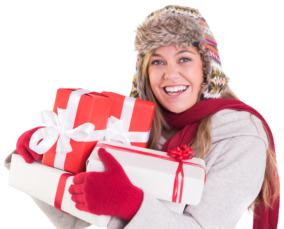 Smiling Woman in Winter Outfit Holding Gift Boxes on Transparent Background - Download Free Stock Images Pikwizard.com