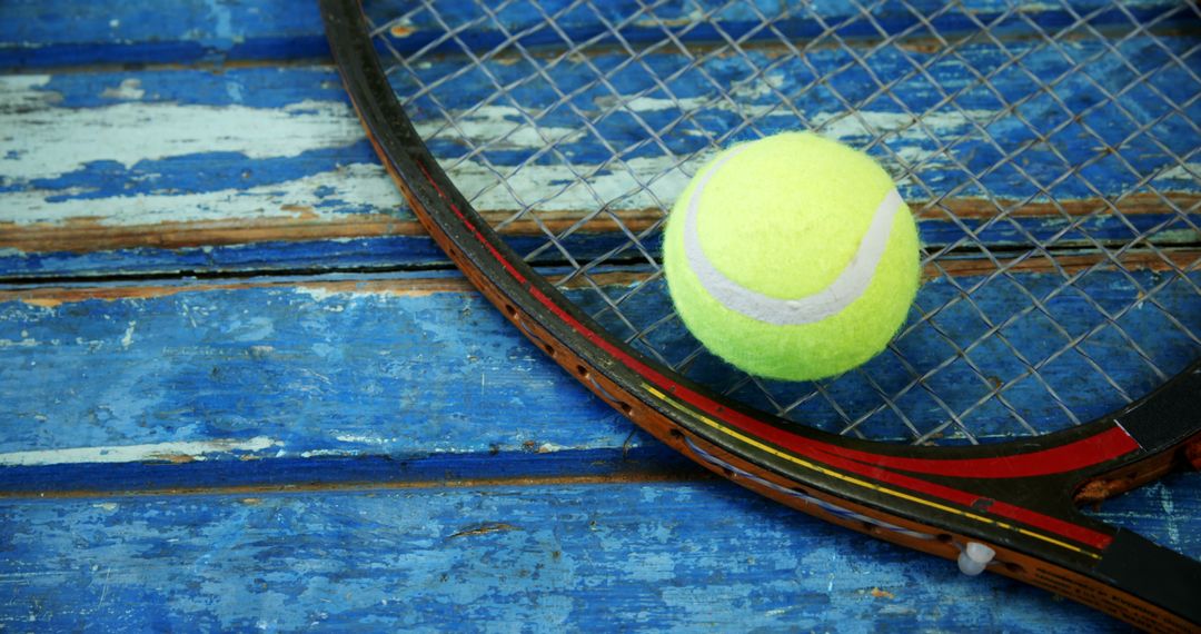 Tennis Racket and Ball on Weathered Blue Wooden Surface - Free Images, Stock Photos and Pictures on Pikwizard.com