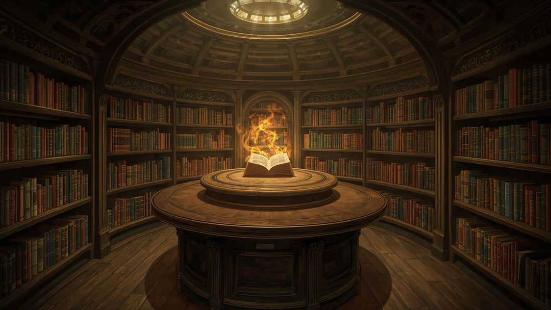 Enchanted Book with Fiery Aura in Mystical Library Rotunda