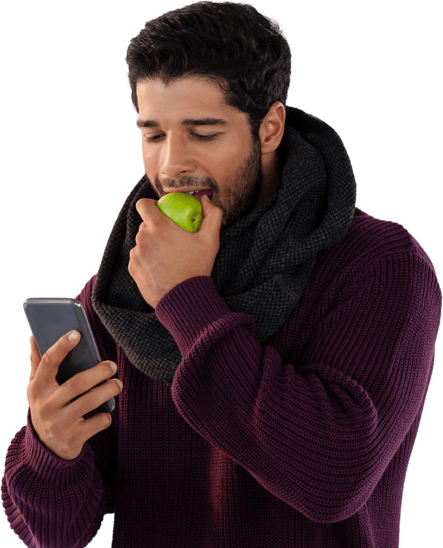 Transparent Male Eating Apple While Using Smartphone