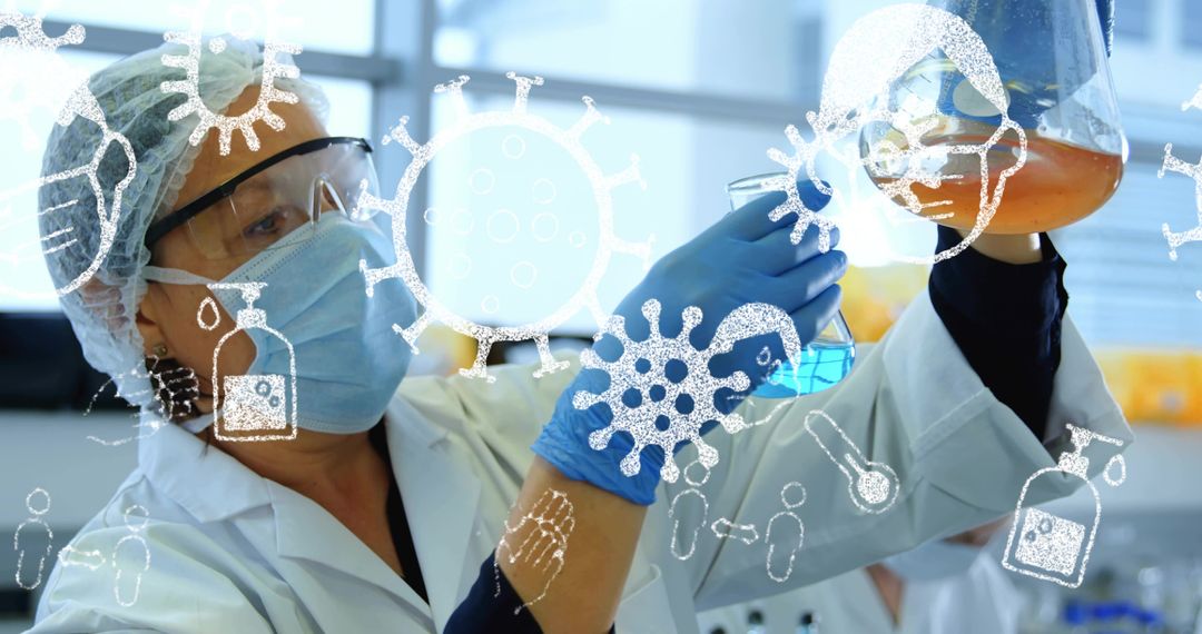 Female scientist wearing PPE analyzing colored flasks in lab with virus icon overlay for virology re