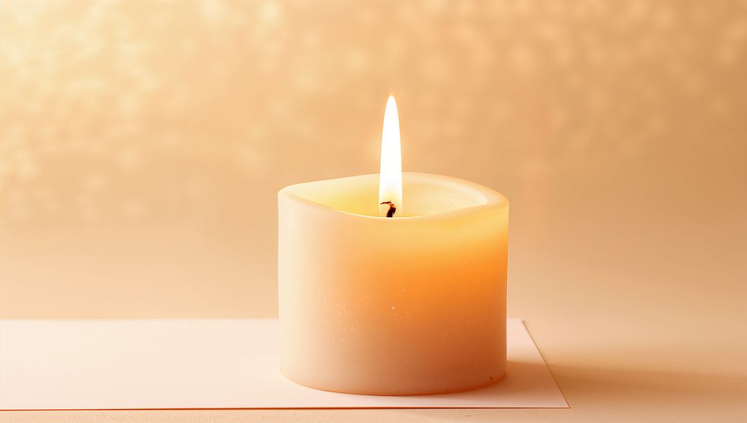 Ivory Pillar Candle Burning on Minimal Pale Background with Soft Bokeh Amber Glow