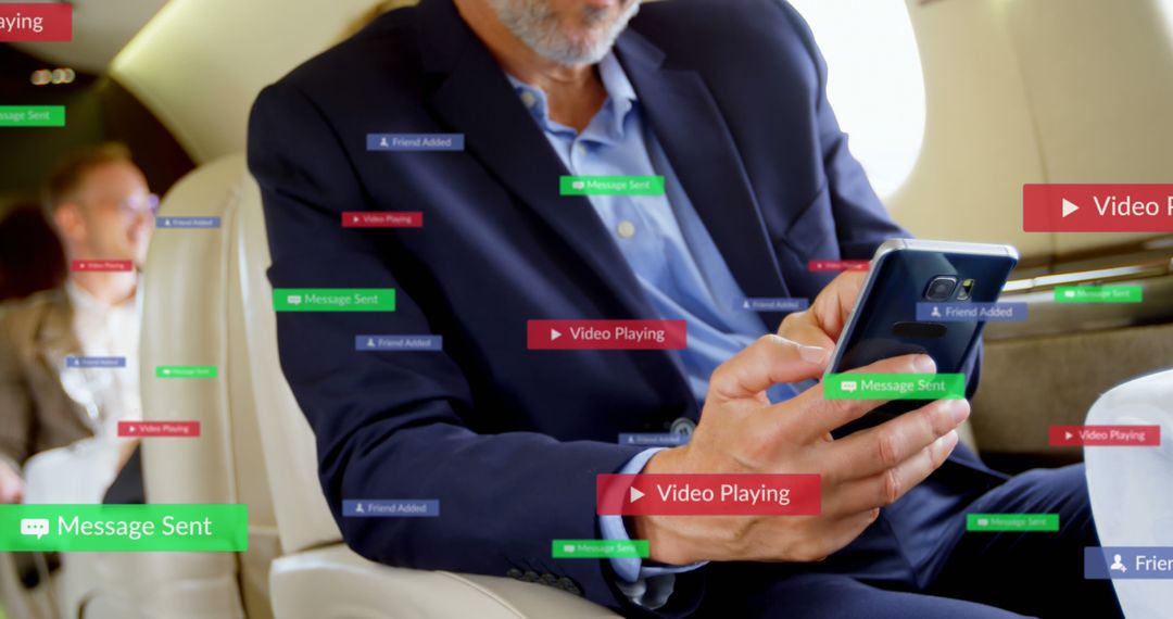 Businessman Engaging with Social Media While Traveling on Plane
