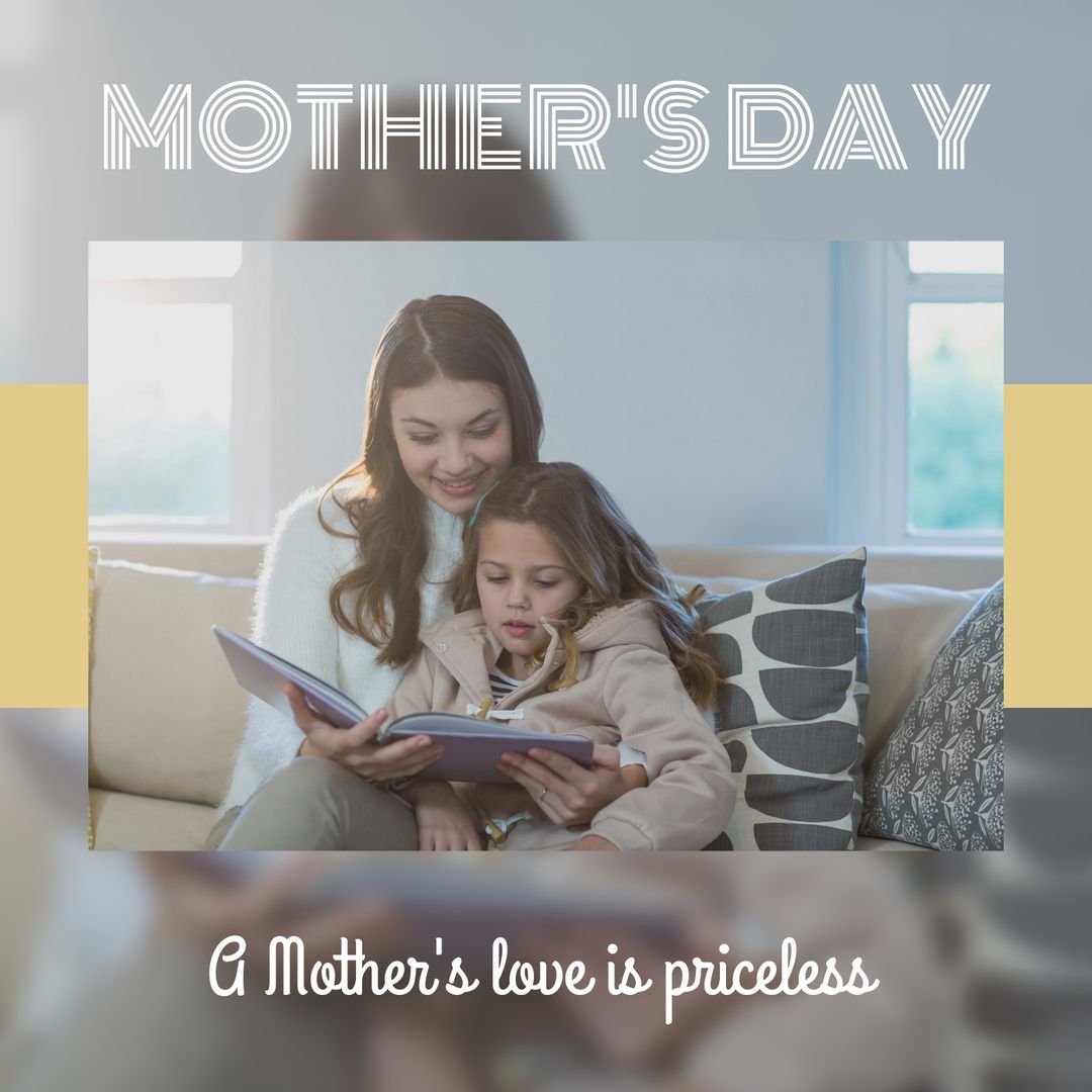 Caucasian Mother Reading Book with Daughter on Mother's Day
