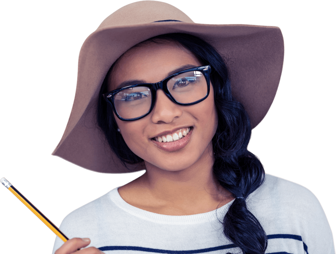 Smiling Asian Woman with Hat and Glasses Holding Pencil on Transparent Background