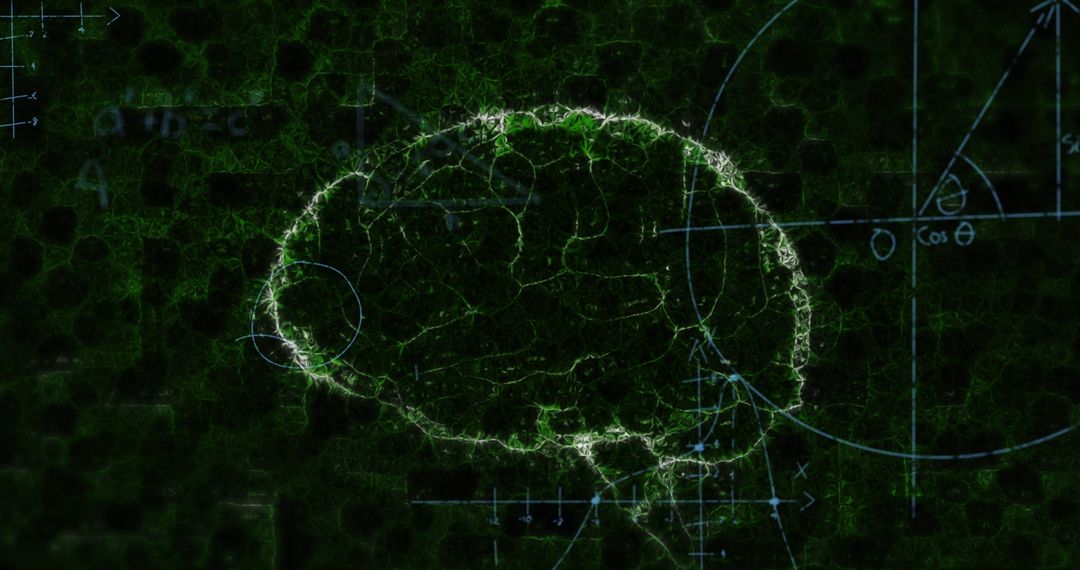 Digital Brain Model with Mathematical Equations Overlay