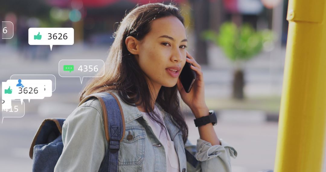 Asian Woman Engaged on Smartphone with Social Media Icons